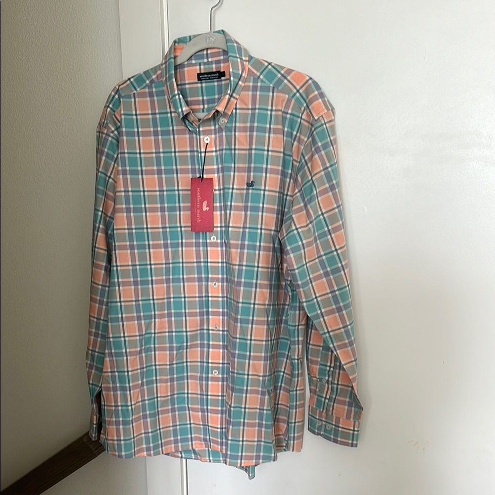 Southern Marsh Blue and Orange Dress Shirt Classic Plaid Design
